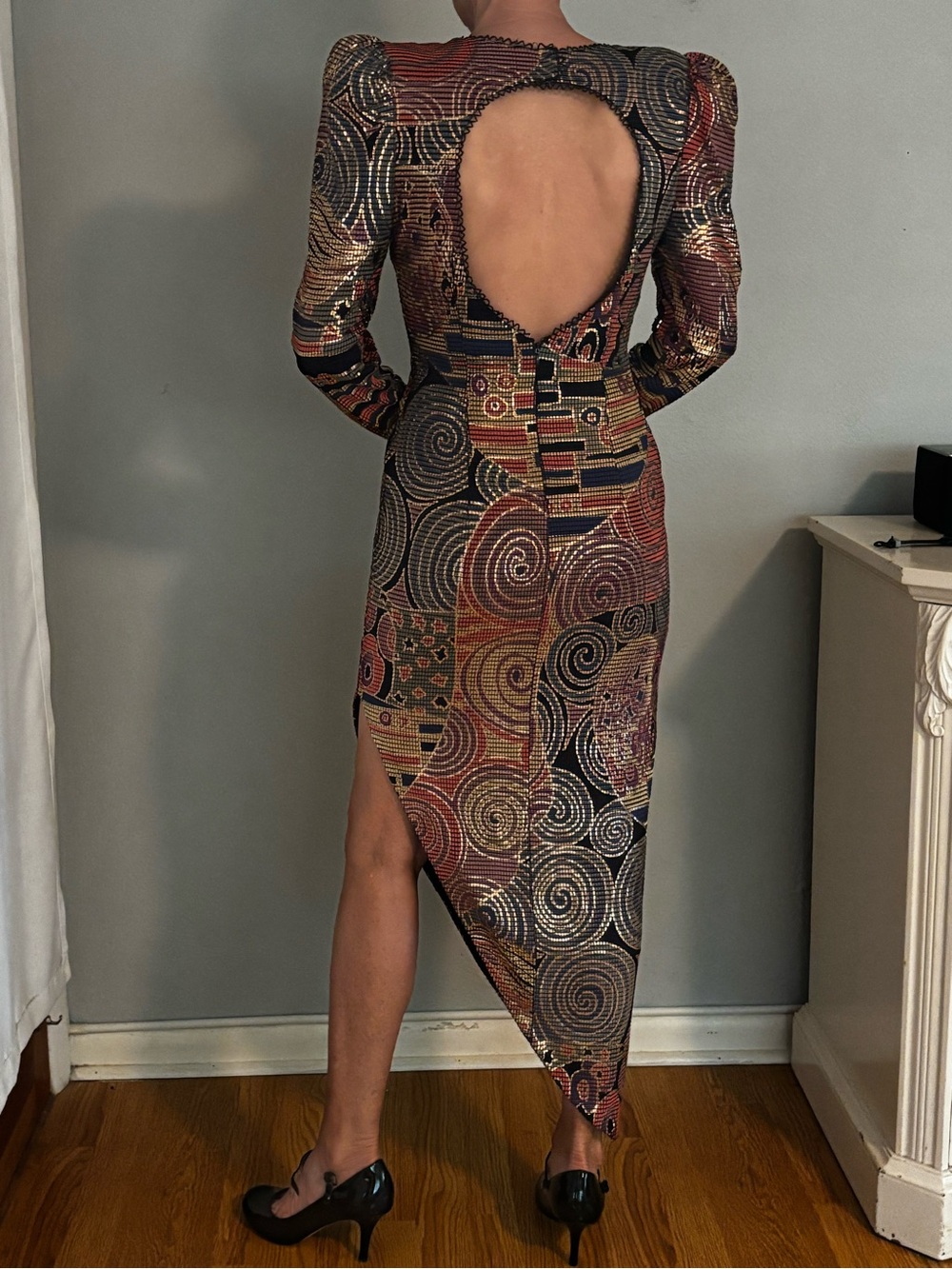 VIntage CACHE small asymmetrical GLAM goth metallic beaded midi dress 90’s Y2K - Picture 4 of 10